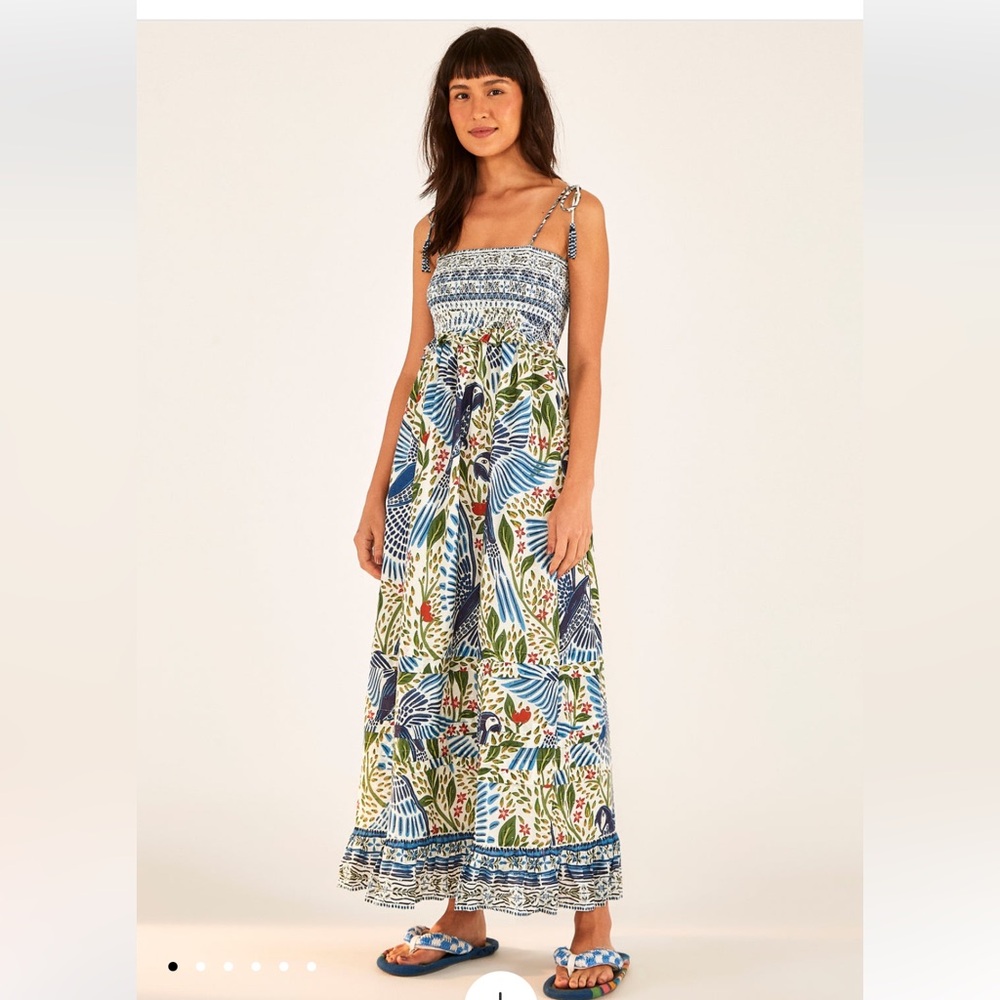 Farm Rio Off White Macaw Flight Smocked Maxi Dress